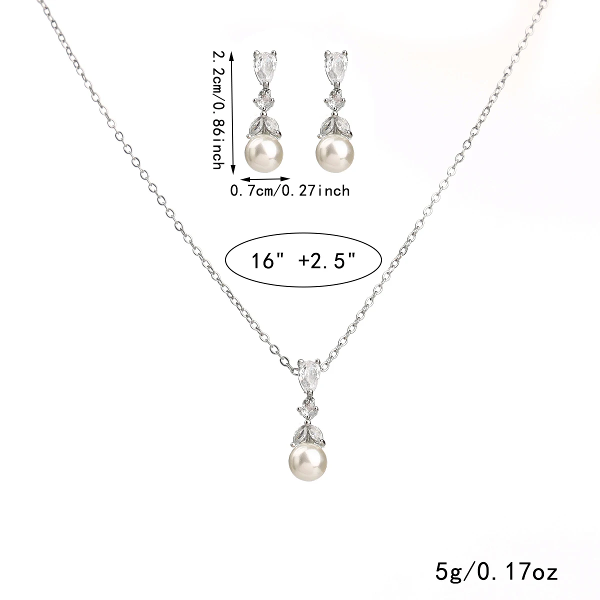 Pearl cube zirconia necklace earrings set, prom costume jewelry gifts