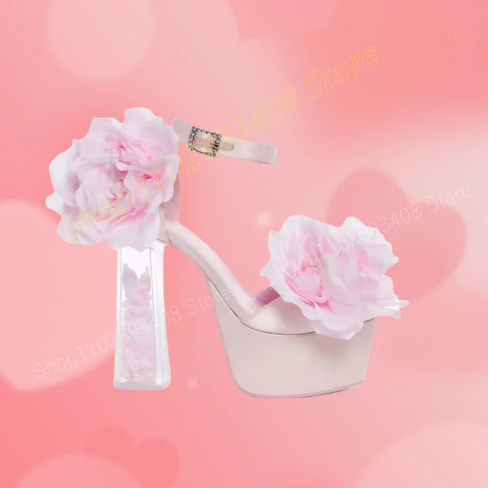 Różowe sandały na platformie Sweet Rose Flower Clear Chunky High Heel Ankle Buckle Fashion Elegant Women Shoes 2024 Zapatos Para Mujere