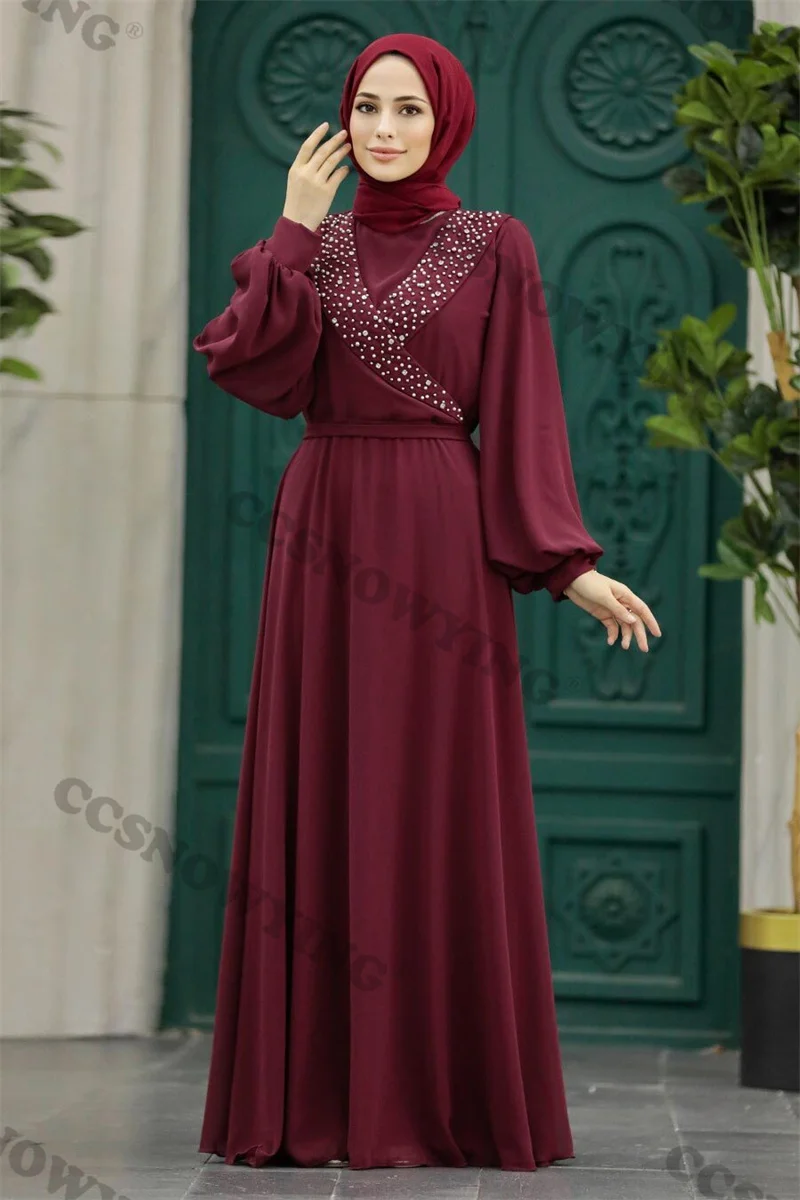 Vestido De noche musulmán De manga larga, chifón islámico con cuentas, cuello alto, Hijab, vestido De fiesta Formal árabe, Dubái, Wome