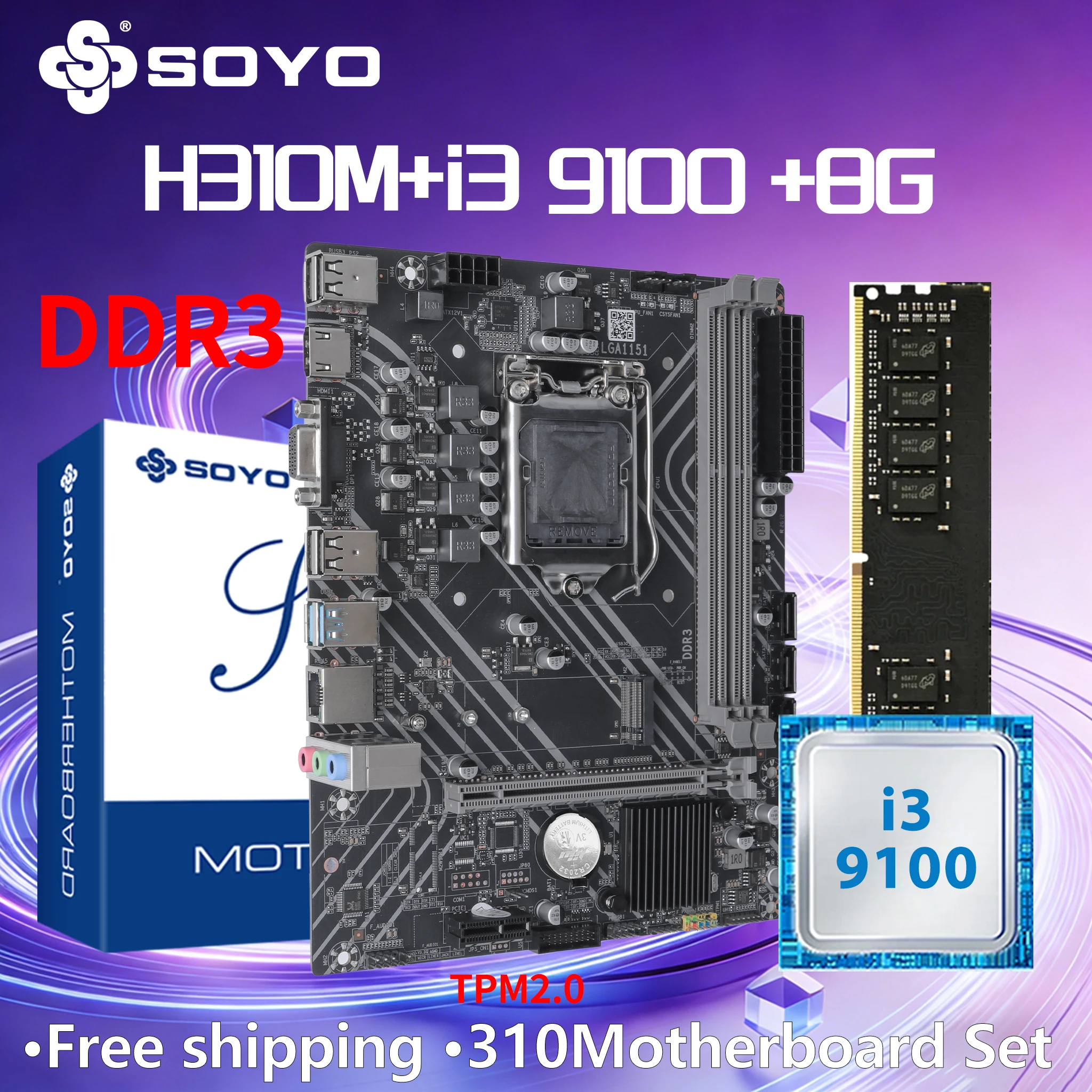 

SOYO H310M DDR3 Motherboard i3 9100 CPU 8G RAM Intel LGA1151 TPM2.0 Computer Combo Kit Xeon PC GAME PCIE3.0*16 Mainboard