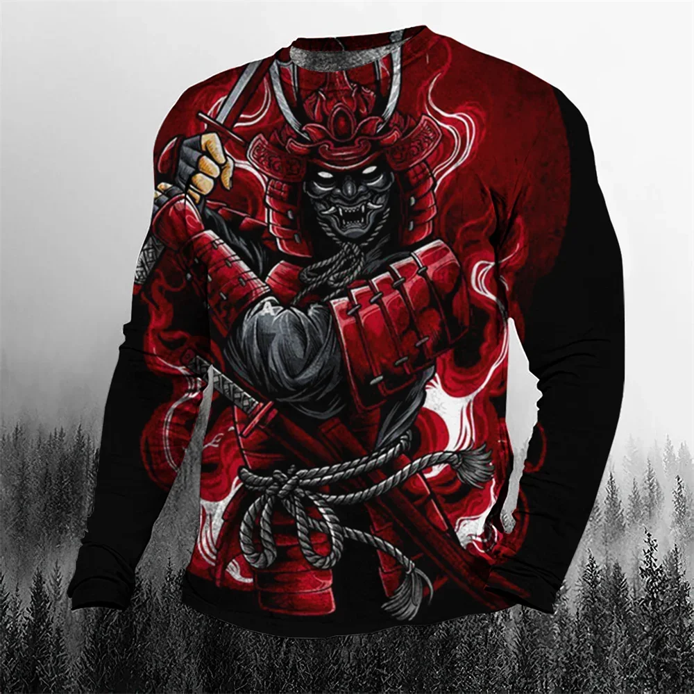 2024 Fall Cool Vintage Samurai 3D Printed Men\'s T-shirt O-Neck Casual Men\'s Clothing Oversized Cartoon Long Sleeve Tops