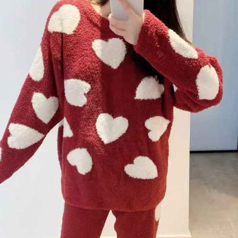 Kuzuwata O Neck Heart Print Long Sleeve Top Sleepwear+high Waist Slim Pant Underwear Casual Japanese Home Wear Pajama Sets