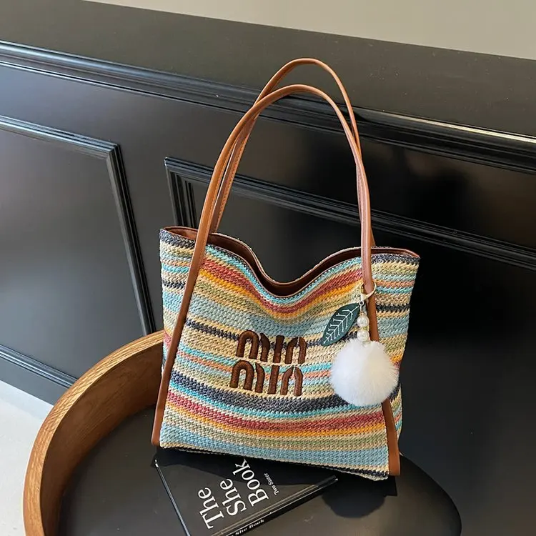 

‌2025 Rainbow Striped Tote Bag - XXL Woven Underarm Shoulder Bag, Women's Beach Vacation Carryall for Music Festival Pool Party‌