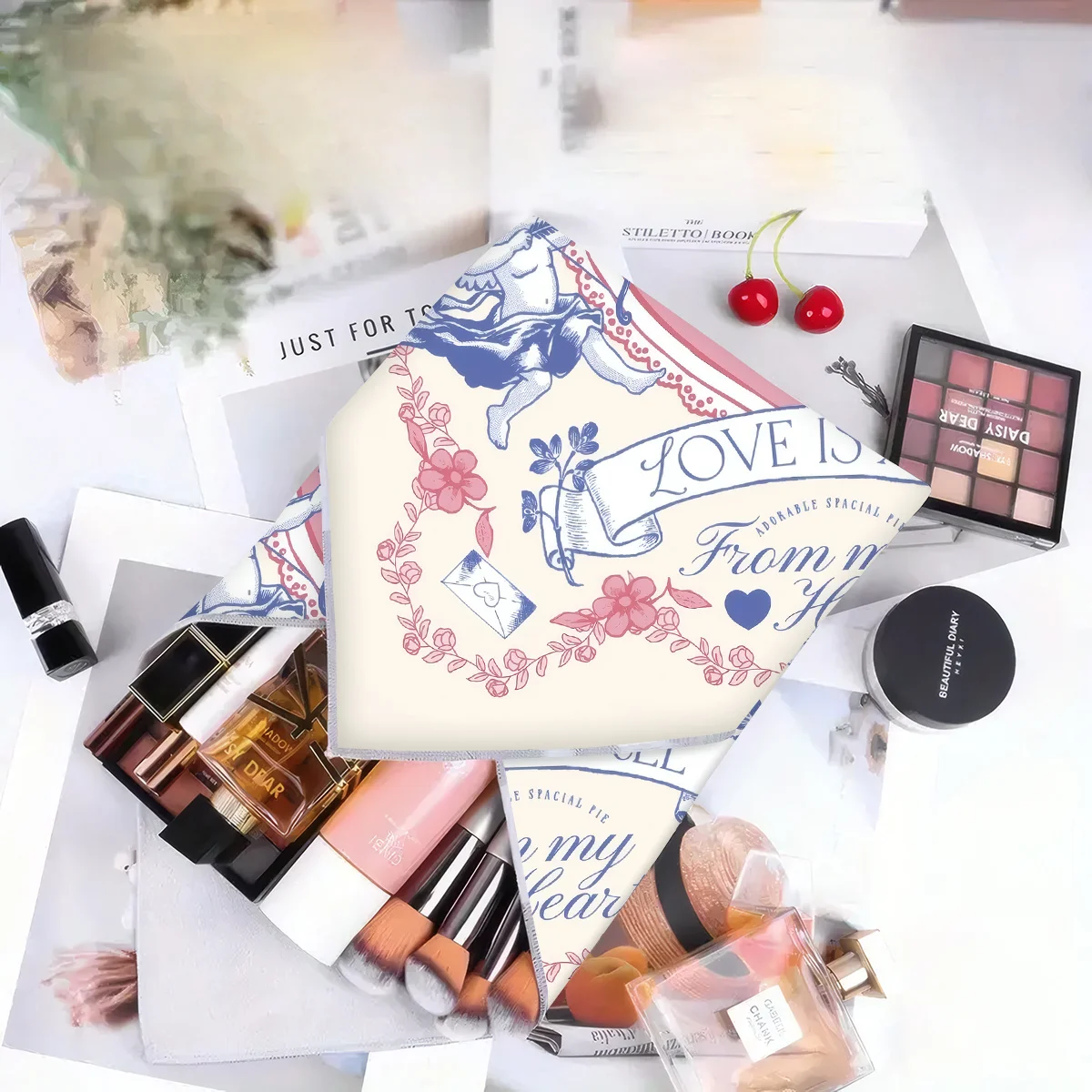 1pc Self-Adhesive Magic Wrapping Cloth French Romantic Cupid Heart Vine Pattern Self-Adhesive Makeup Bag Portable Storage Pouch