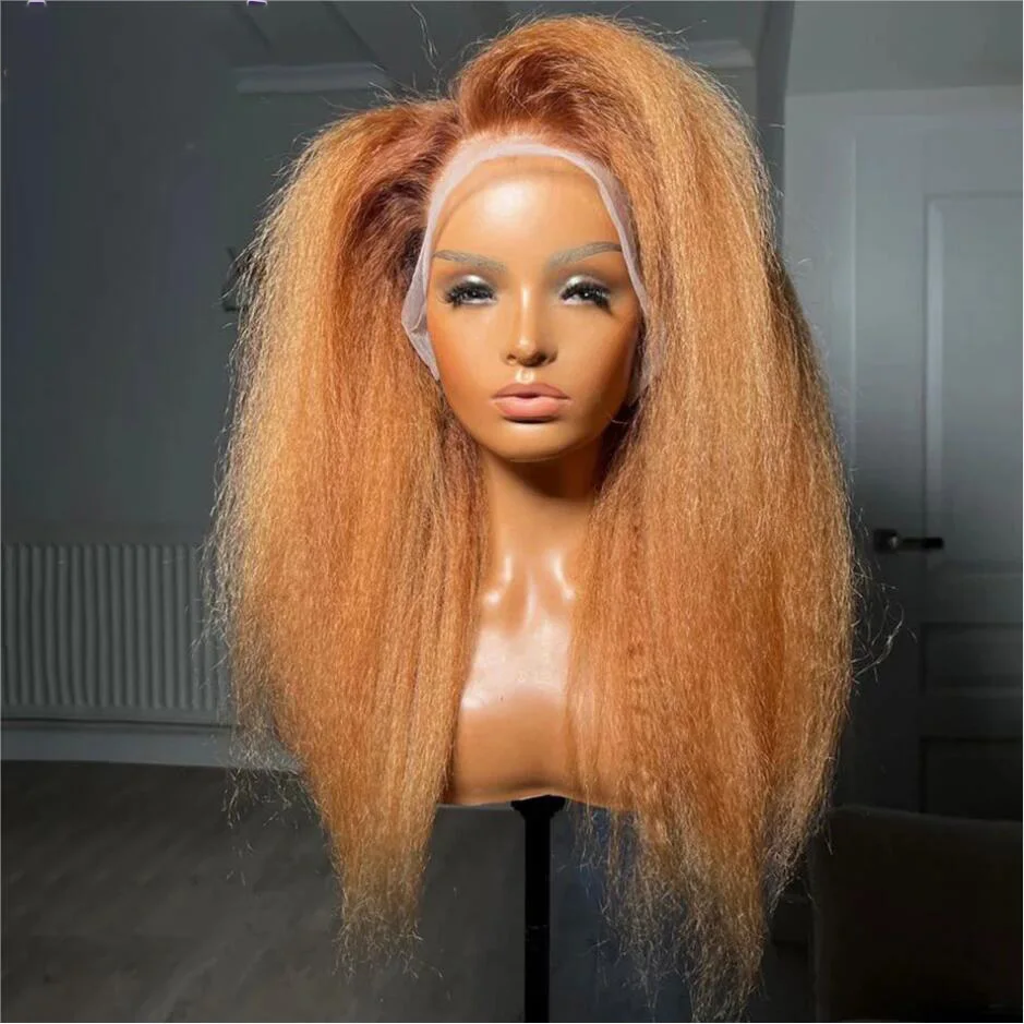 

Soft Glueless 26 Inch Long Ombre Blonde Yaki Kinky Straight Lace Front Wig For Black Women With Afro Baby Hair Preplucked Daily