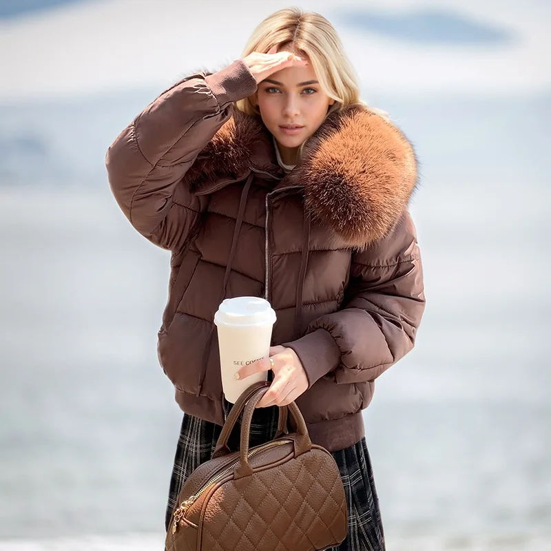 

Versatile Lady's Winter Coat Solid Zipper Fly Faux Fur Trimmed Hood Female's Quilted Jacket minimalist Short Coat For Women