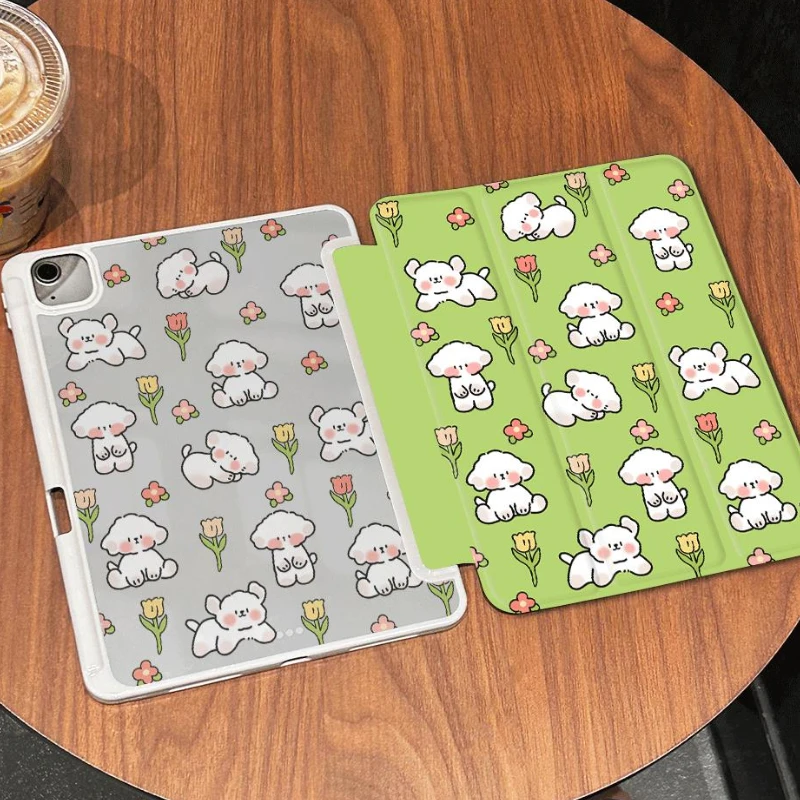 

Simple White Dog Tablet Cover for Ipad Air 3 Generation 2019 Ipad Mini 6 Pro 11 Inch IPad Air 5 2022 Air 4 Case Tri-fold Funda