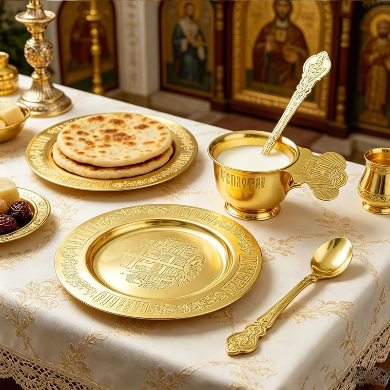 Gold Plated Orthodox Communion Chalice Set with Paten and Spoon for Christian Church Liturgy Eucharist and Religious Ceremonies