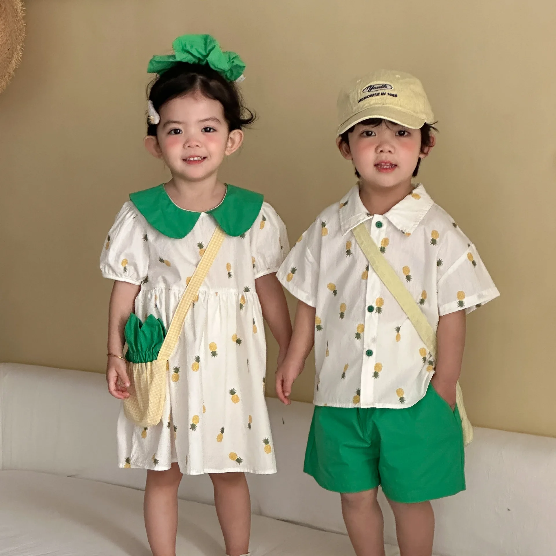 Set 2026 Spring Summer New Children's Wear Boys and Girls Beach Vacation Pineapple Print Shirt Shorts Dress Brother and Sister