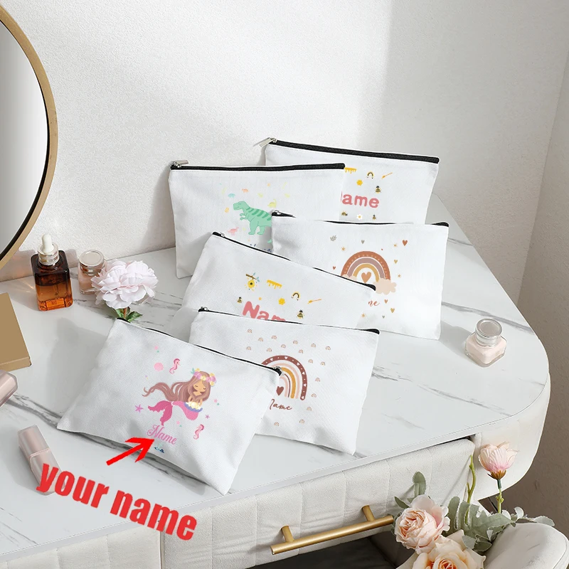 

Customizable with Name Mermaid Cute Rainbow Clouds Pastel Dinosaur Cosmetic Pouch Makeup Bag for Boy Girls Children Friend Gifts