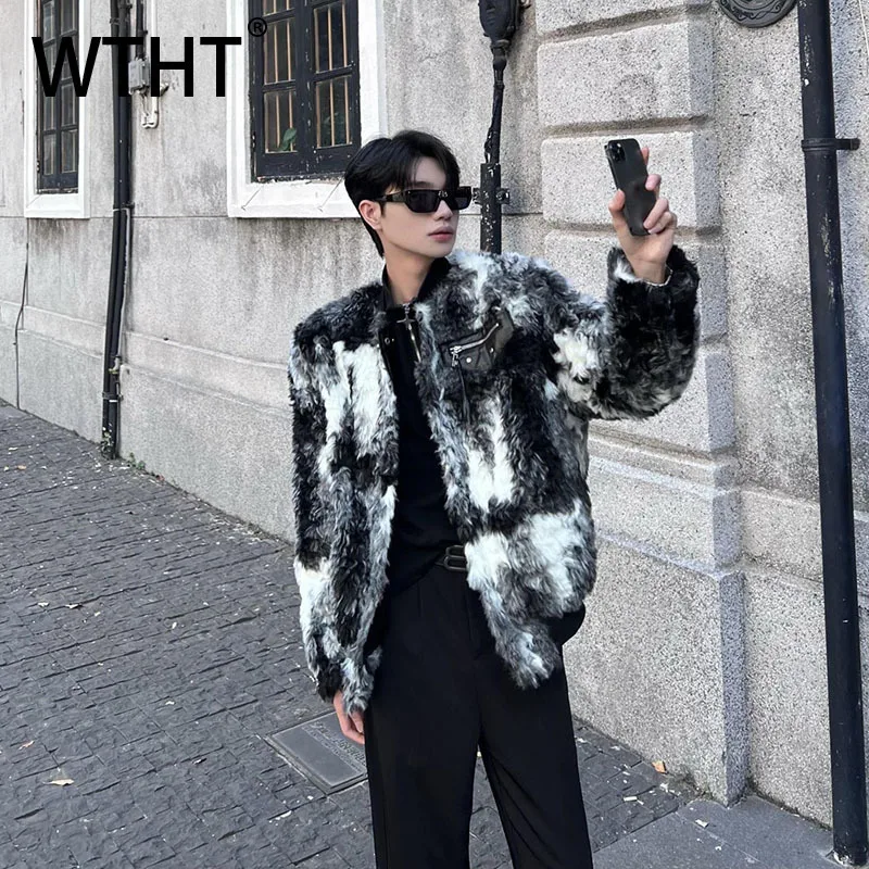 WTHT Fashion Men's Spliced Leather Contrast Solor Coats Trendy 2025 Autumn O-neck Zipper Loose Faux Fur Jackets Male 2A2267