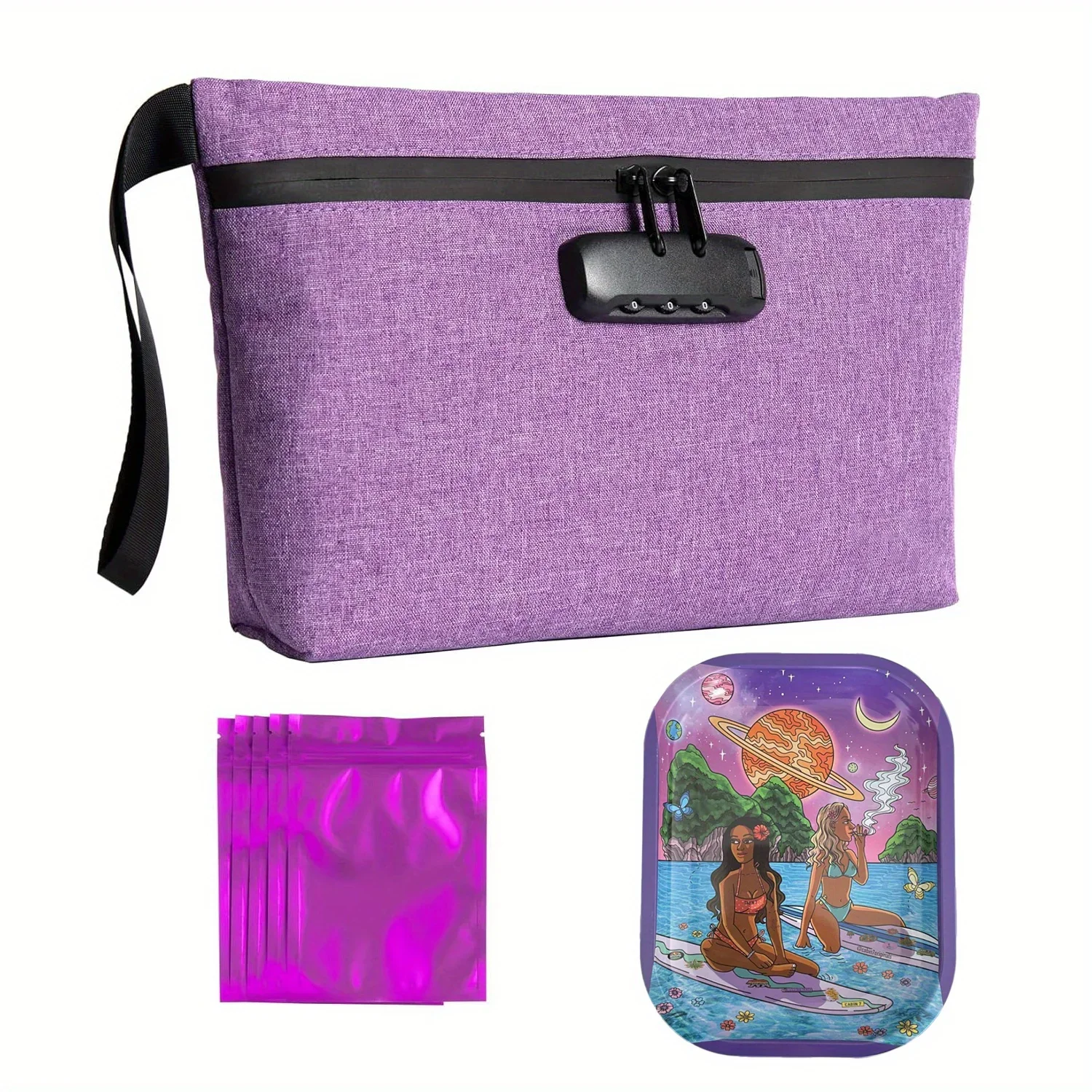 7 Pieces Storage Bag Smell Proof Pouch with Rolling Tray and Mylar Bags Combo Gift
