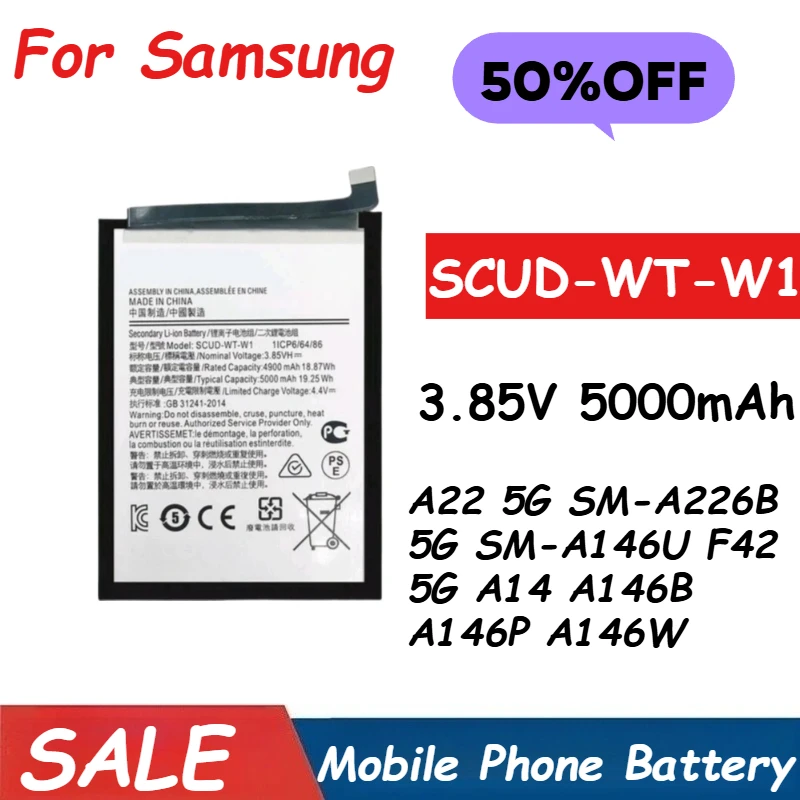 

3.85V 5000mAh Phone Battery SCUD-WT-W1 For Samsung Galaxy A22 5G SM-A226B 5G SM-A146U F42 5G A14 A146B A146P A146W