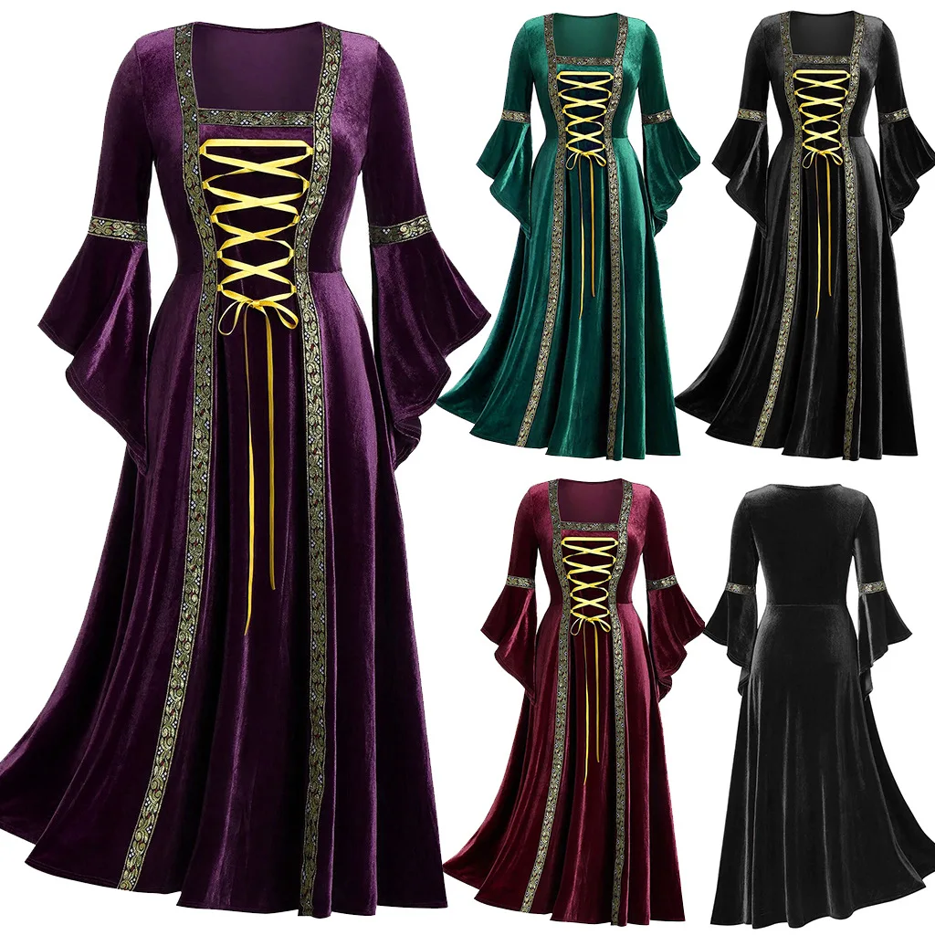 Maxi vestido de terciopelo de manga larga para mujer, traje de cuerda Vintage Medieval renacentista, gótico, Punk, ropa de Halloween, Cosplay, Carnaval