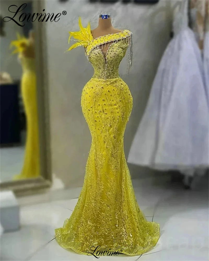 Vestidos longos de noite femininos com penas, vestidos de lantejoulas frisados, baile árabe e celebridade, amarelo e strass, 2023