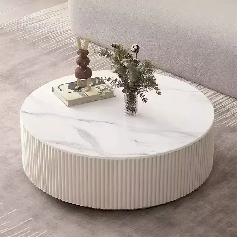 Table Basse Ronde Minimaliste en Marbre et Verre Blanc, Accessoire de Décoration pour Salon et Maison