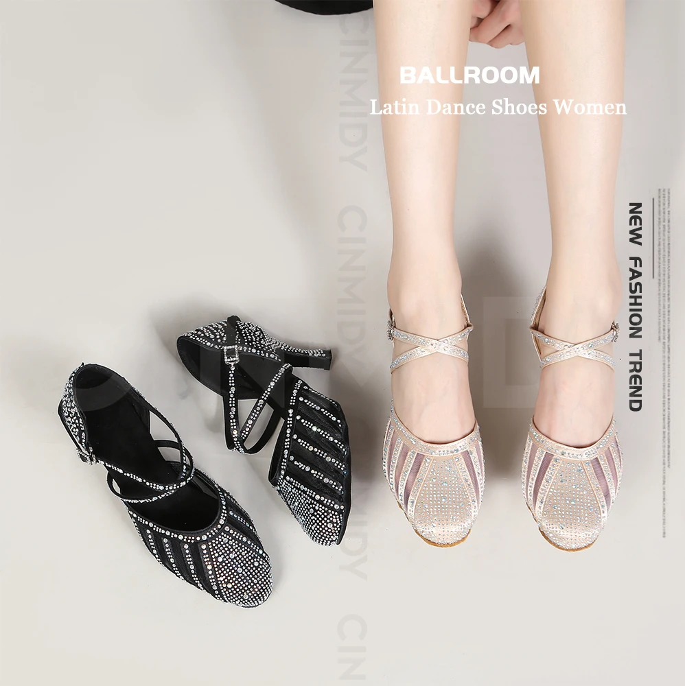 CINMIDY Damen Latein Tanzschuhe Strass Tango Modern Tanzschuhe Damen Sandalen Baotou Ballsaal Party Schuhe – Detail 1