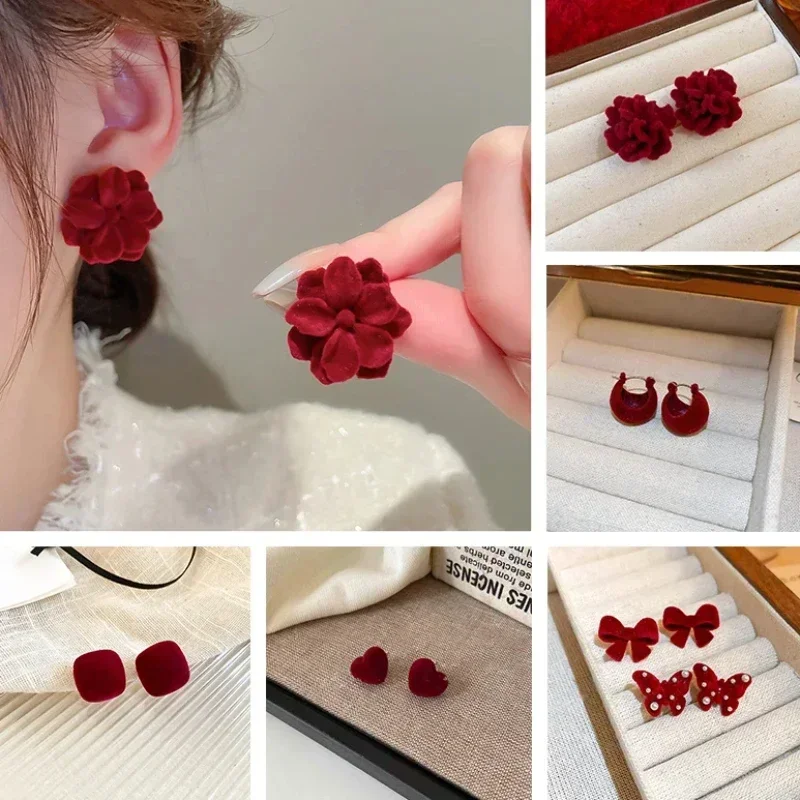 Gentle Red Velvet Imitation Pearl Bow Flower Earrings For Women Retro High-end Temperament Earrings Festival Ear Accssories B