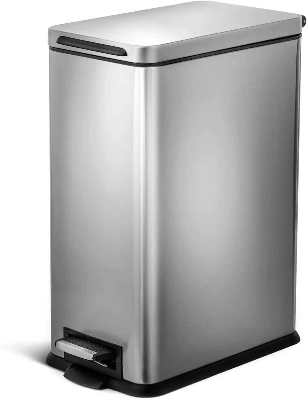 

8 Gallon Slim Kitchen Trash Can with Soft Close Lid, Step Pedal, Bag Tuck Band, and Removable Liner, Stainless Steel, Silver
