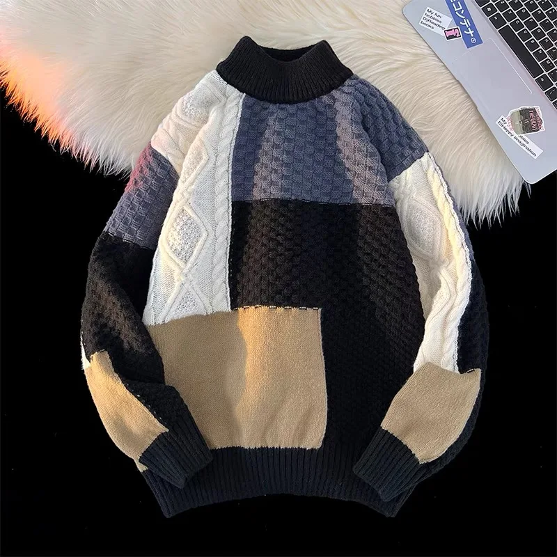 

Autumn Winter plus Size 300 Pou Fat Man round Ne Splice Color Men's Knitted Sweater Casual Loose High Level Knitwear
