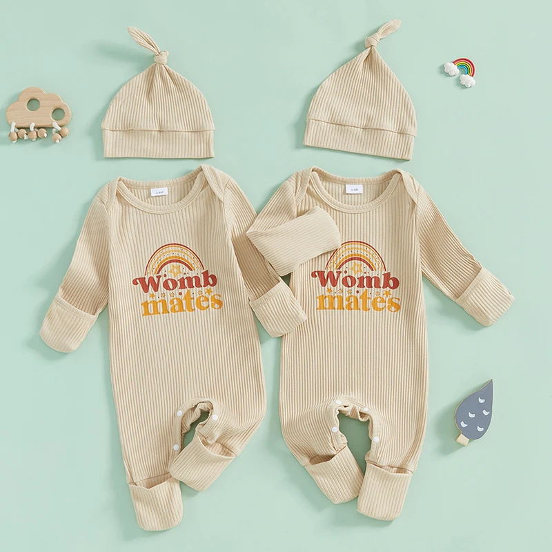 Newborn Baby Girl Boy Twins Matching Outfits Womb Mates Knitted Romper Mitten Cuffs Jumpsuit with Hat Fall Clothes