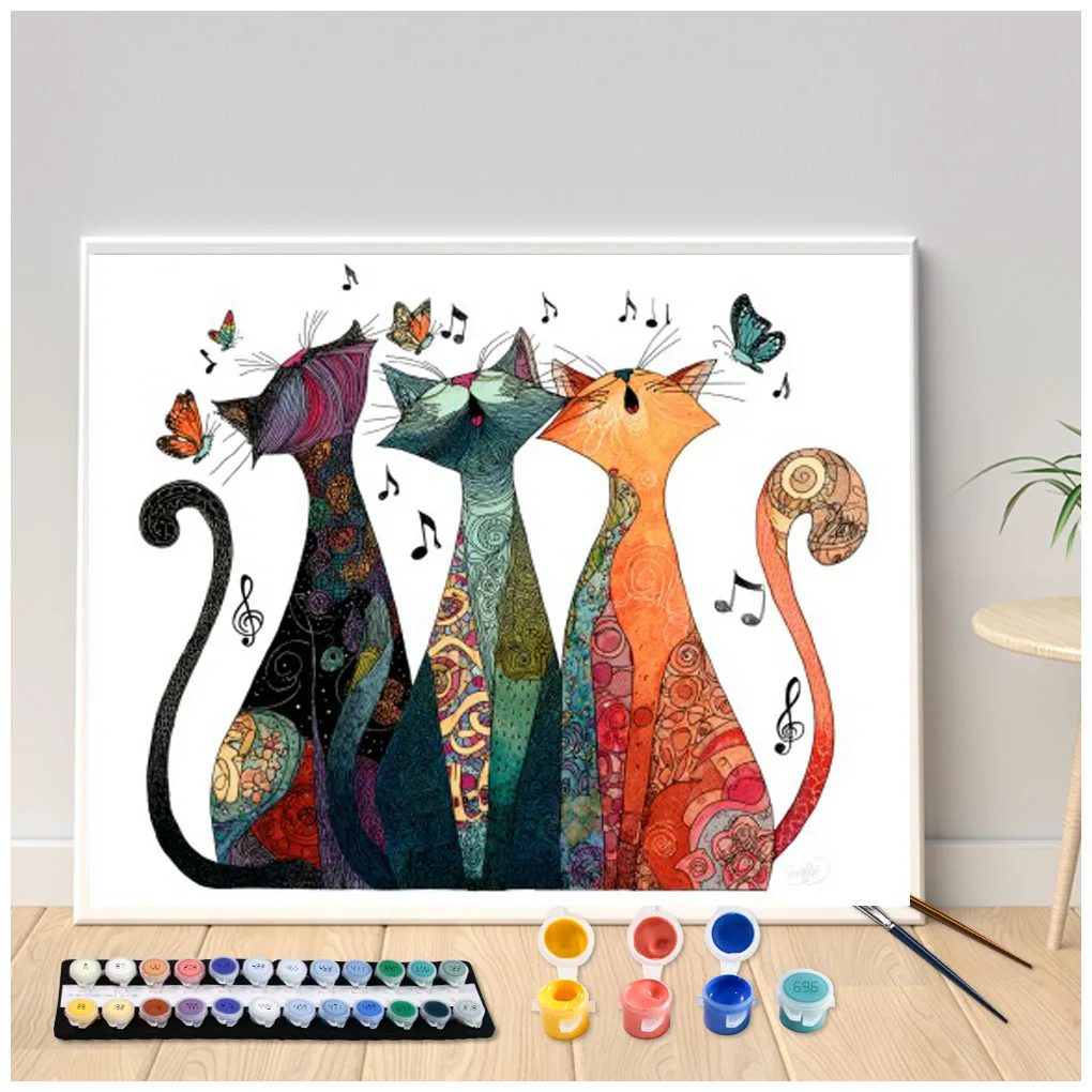 Painting by Numbers Kit DIY Three singing cats Canvas Art Hand Painting Home Decoration Personality Surprise Gift