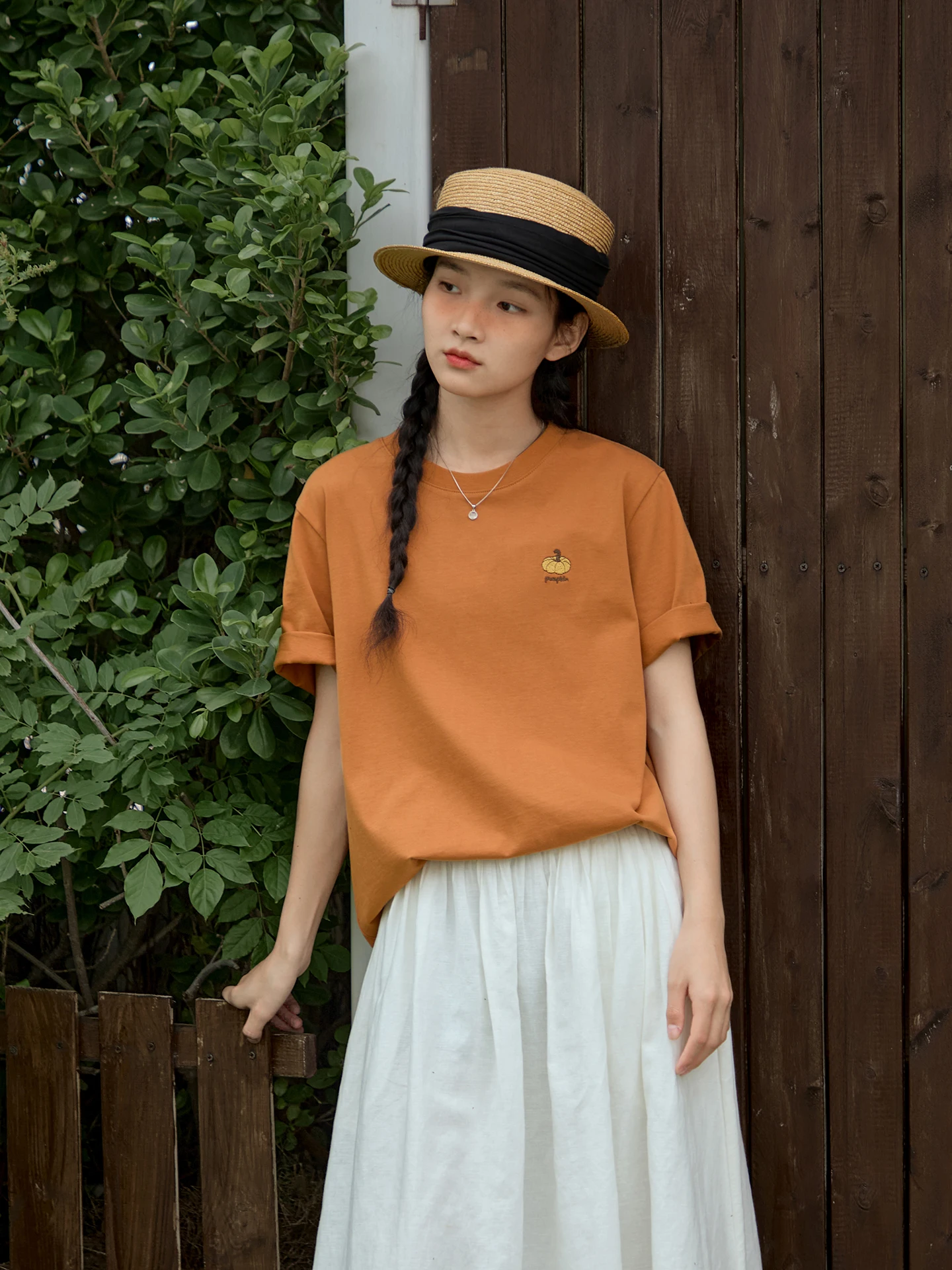 

Original Orange Embroidered Pure Cotton Short Sleeve T-Shirt Women's Summer Loose Casual Versatile round Neck Top Citywalk Da...