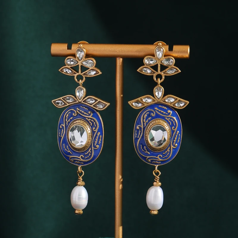 

French Vintage Court Style Enamel Baroque Pearls Drop Earrings No Allergies Oval Crystal Pendant Accessories for Women Jewelry