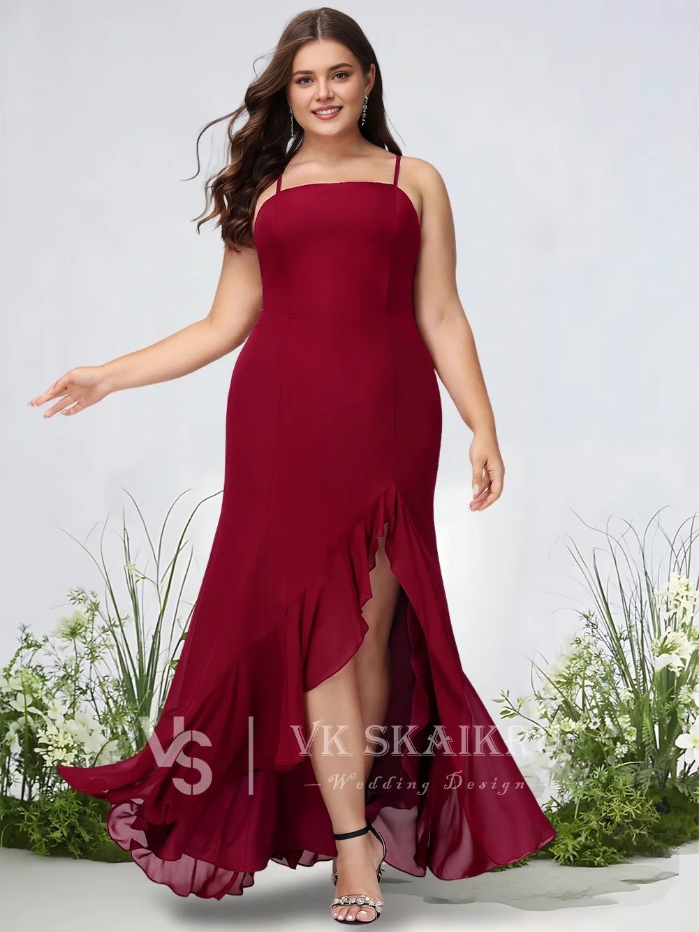 

A Lavender Trumpet Mermaid Square Floor-Length Chiffon Bridesmaid Dresses With Ruffle Wedding Party Evening Guest Cocktail
