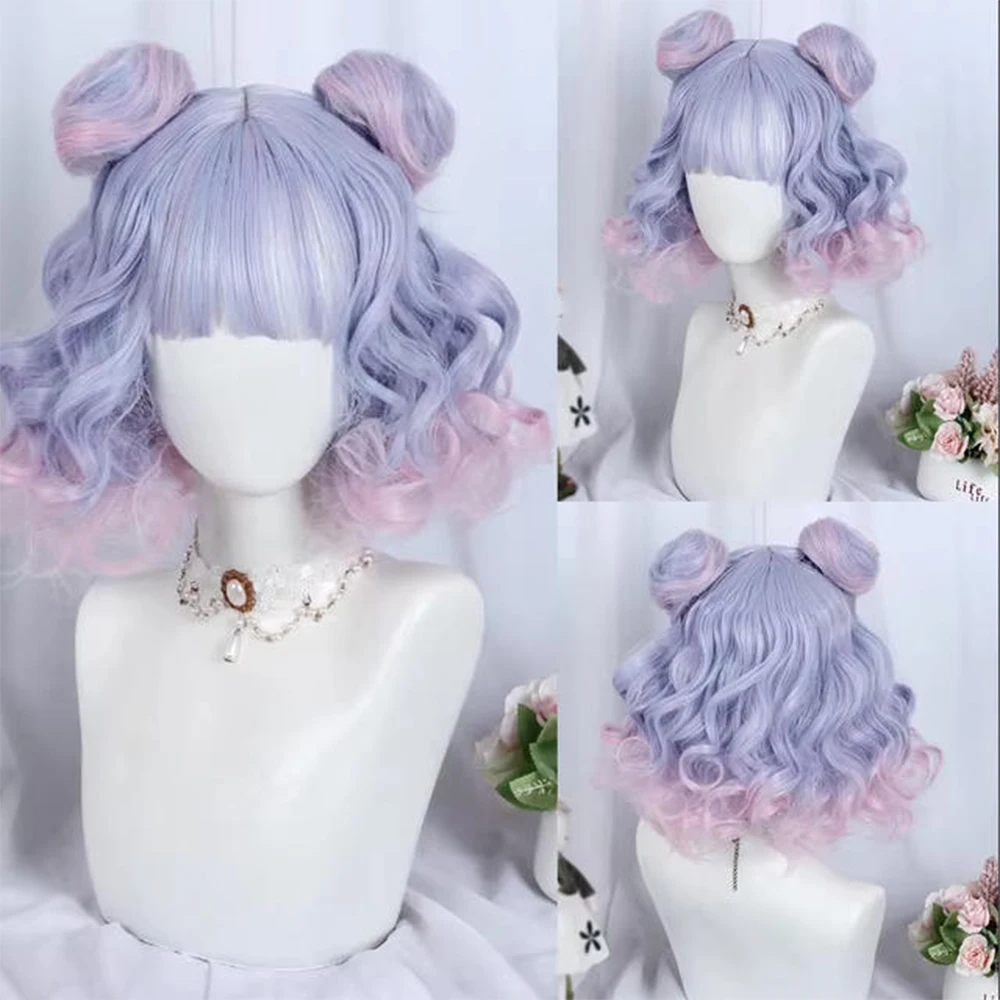 

Synthetic Short Curly Wave Purple Gradient Pink Bob Wig with Bangs for Women Daily Cosplay Lolita Party Fake Hair Heat Resistant