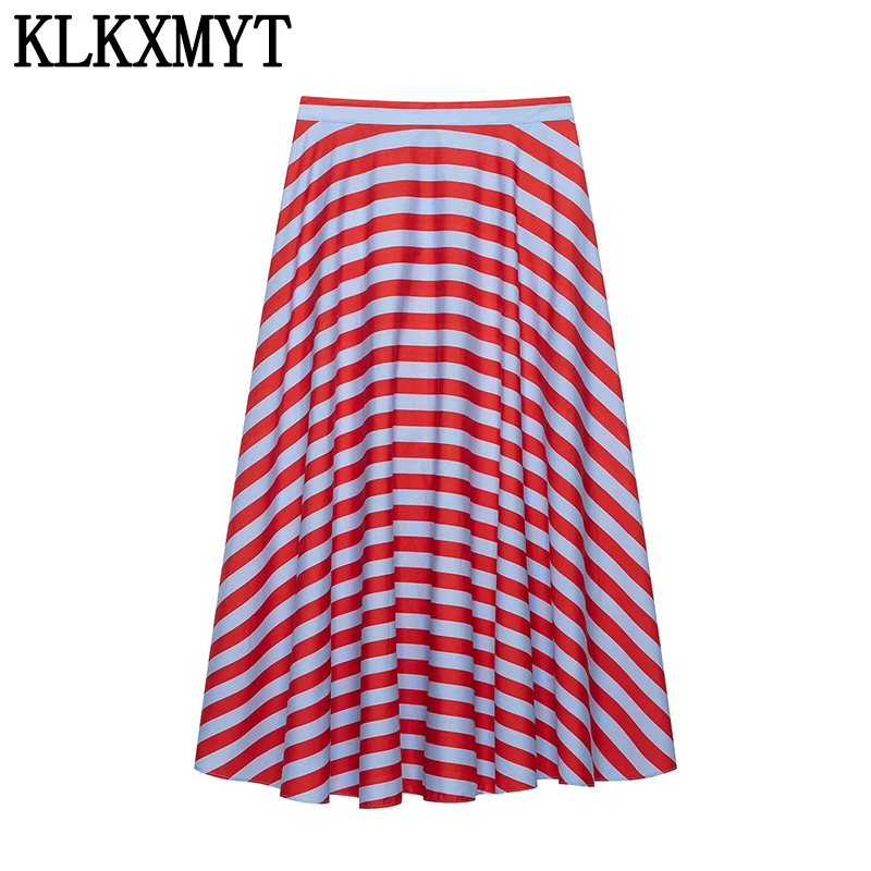 KLKXMYT Stripes Pleated Long Skirts For Women Fashion 2026 New Vintage Printed Midi Skirt High Street Casual Chic Party Skirts