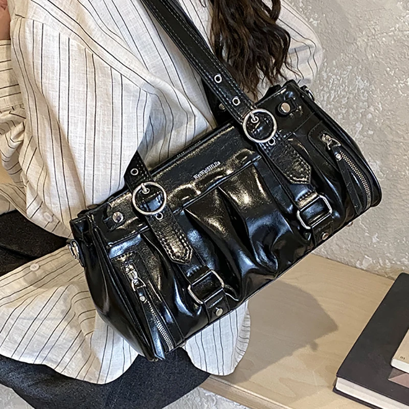 

2026 New Street Style Y2K Motorcycle Bag Sweet Cool Shoulder Bag Large Capacity PU Leather Commuter Satchel Casual Handbag