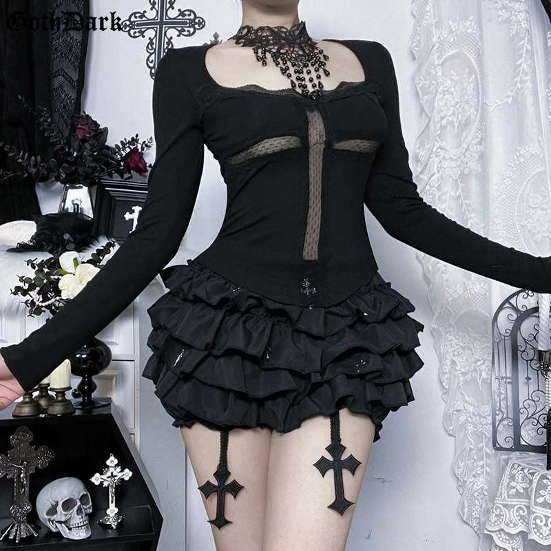 القوطي الظلام فستان من الدانتيل تقليم الصليب كم طويل تي شيرت مول القوطي سليم القمم للنساء Y2K 90s عادية تيز الصلبة الشارع الشهير #4