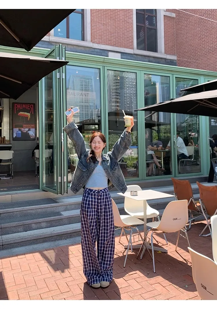 

Wearing straight leg wide leg pants for summer 2024 versatile drawstring suit material casual work pants for women dopamine