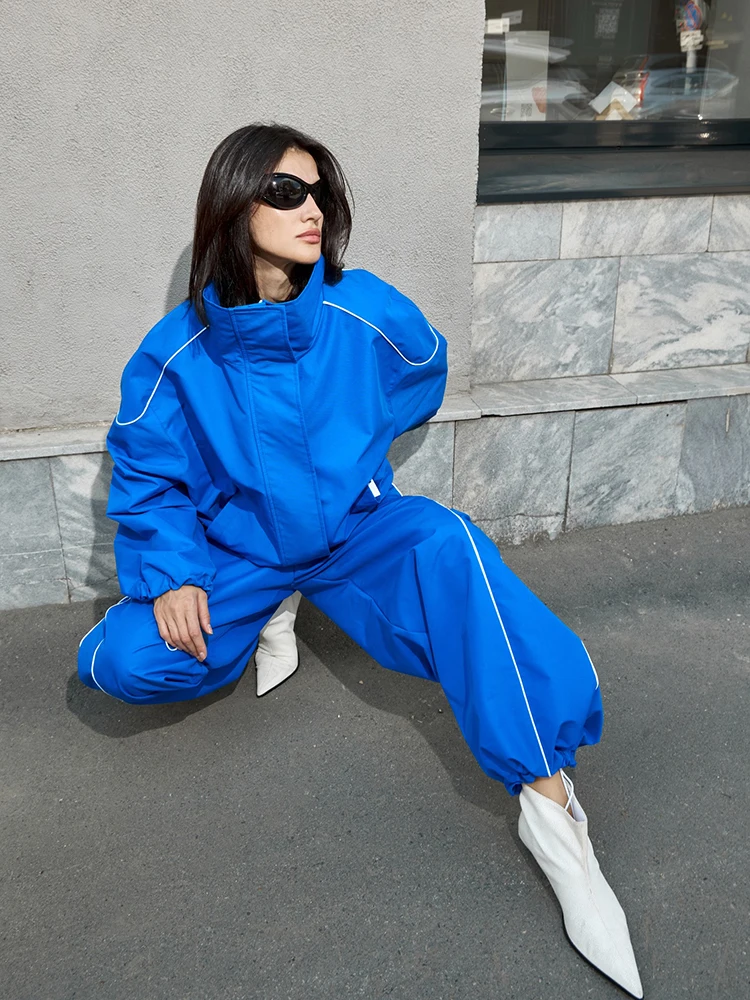 Women Solid Zip Up Two Piece Set High Neck Loose Jacket Wide Leg Track Pants Spring Autumn Fashion  Hip Hop Outfit