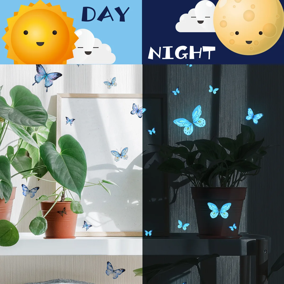 23Pcs Blue Butterfly Luminous Stickers That Glow at Night, Bedroom and Living Room Dreamy Wonderland Wall Decoration Butterfly Stickers