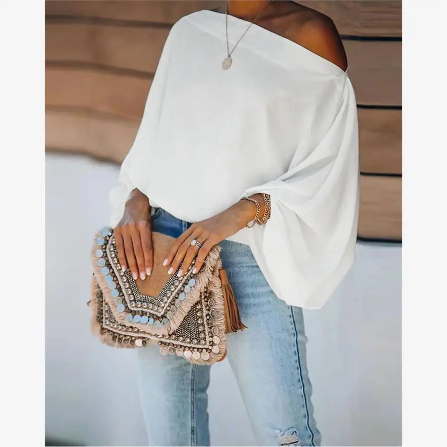 Damska luźna bluzka z nadrukiem, modna, z asymetrycznym dekoltem, kwiatowy wzór, oversize, letnia, poliester, etniczny styl.