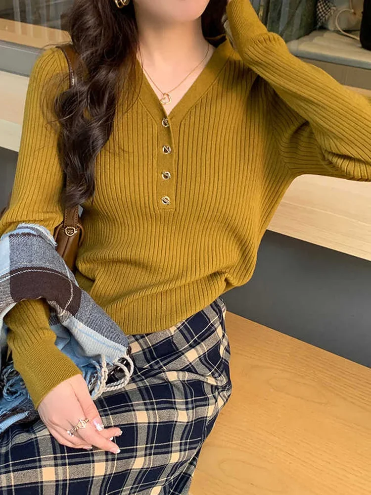 New Chic Autunno e Inverno Pullover a maniche lunghe lavorato a maglia maglione da donna Office Ladies Casual Slim scollo a V abiti coreani