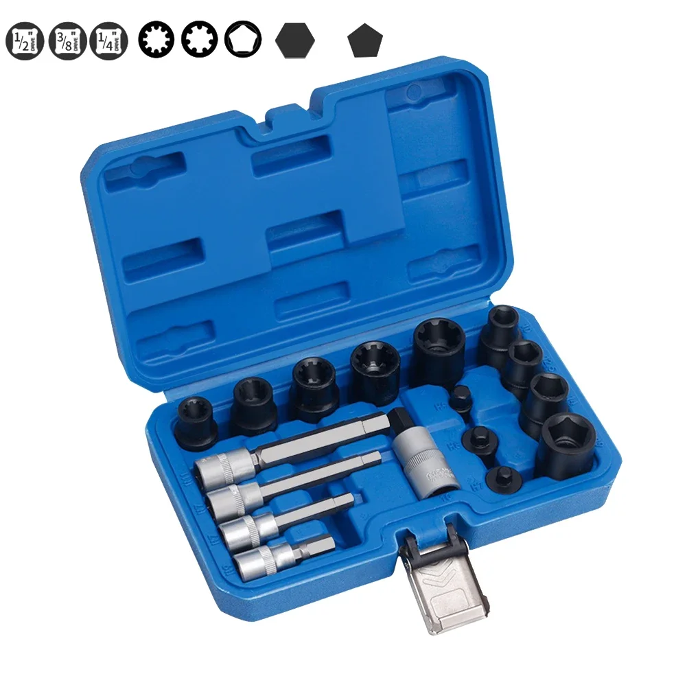 Automotive Brake Caliper Socket Adapter 17PCS Designed for 1/2 Inch and 3/8 Inch Square Drive Hex Pentagon Use