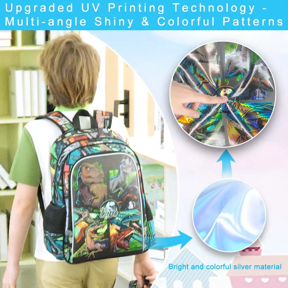 Zaino da 3 pezzi per ragazzi, zaini per libri in età prescolare con dinosauro da 16 pollici, zaini per la scuola materna elementare