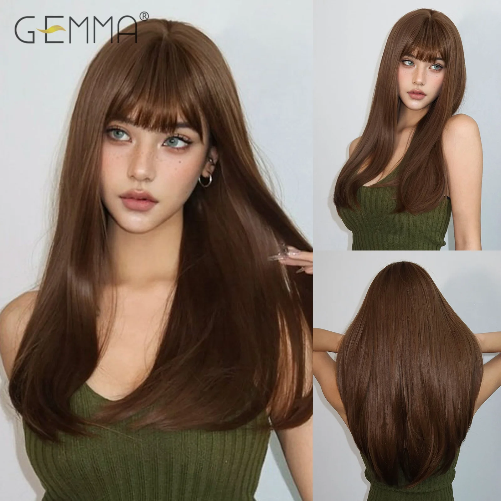 GEMMA Golden Brown Straight Wig with Bangs Synthetic Long Cosplay Daily Use Hair Wigs for Women Heat Resistant Natural Fibre