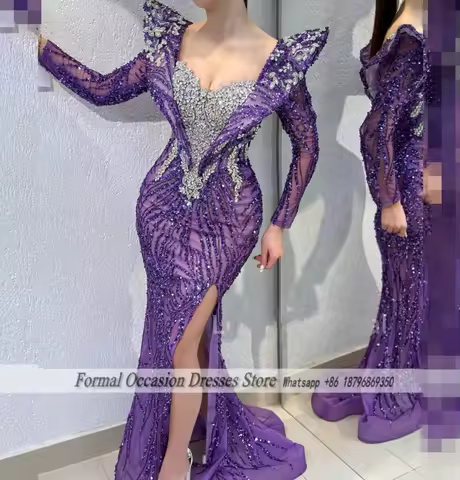 Luxury Evening Dresses 2025 Sequin Beading Women Mermaid Party Dress Crystal Purple Prom Gowns 2025 Customized