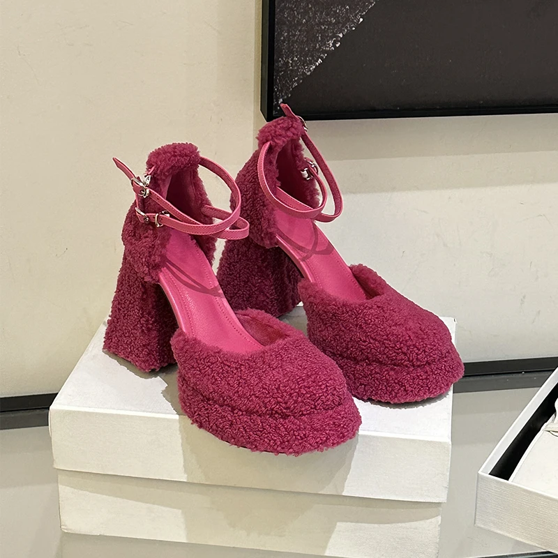 

ZOOKERLIN Square Toe Thick High Heels Women's Pumps Wool Hollow Buckles Autumn Winter Warm Solid Color Woman Shoes Soft Platform