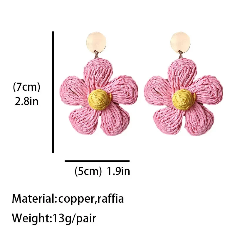 Pink Flowers Dangle Raffia Earrings Jewelry for Women, Boho Handmade Summer Tropical Straw Summer Bohemian Beach Accessories