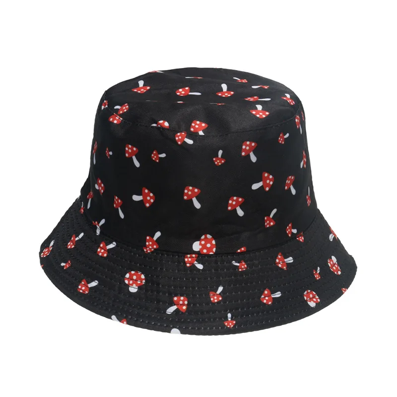 Bocca Mushroom Printed Bucket Hat Reversible Bucket Hats Foldable Cotton Cap Unisex Fisherman Hat Double-sided Sunscreen