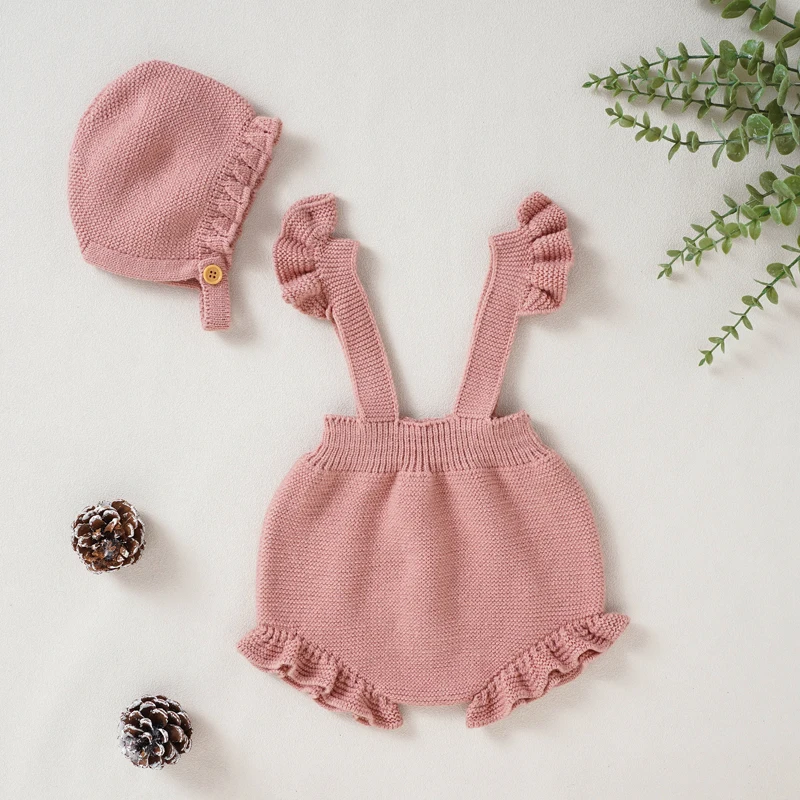 Baby Bodysuits Knitted Summer Newborn Girls Jumpsuit Outfits Fashion Ruffles Infant Toddler Clothing Hat 2PC Solid 0-18M Onesies