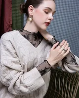 Chemise en dentelle florale pour femmes, manches longues, Sexy, chemises à bascule en maille, col montant, T-Shirt, pull, nouvelle collection printemps automne 5