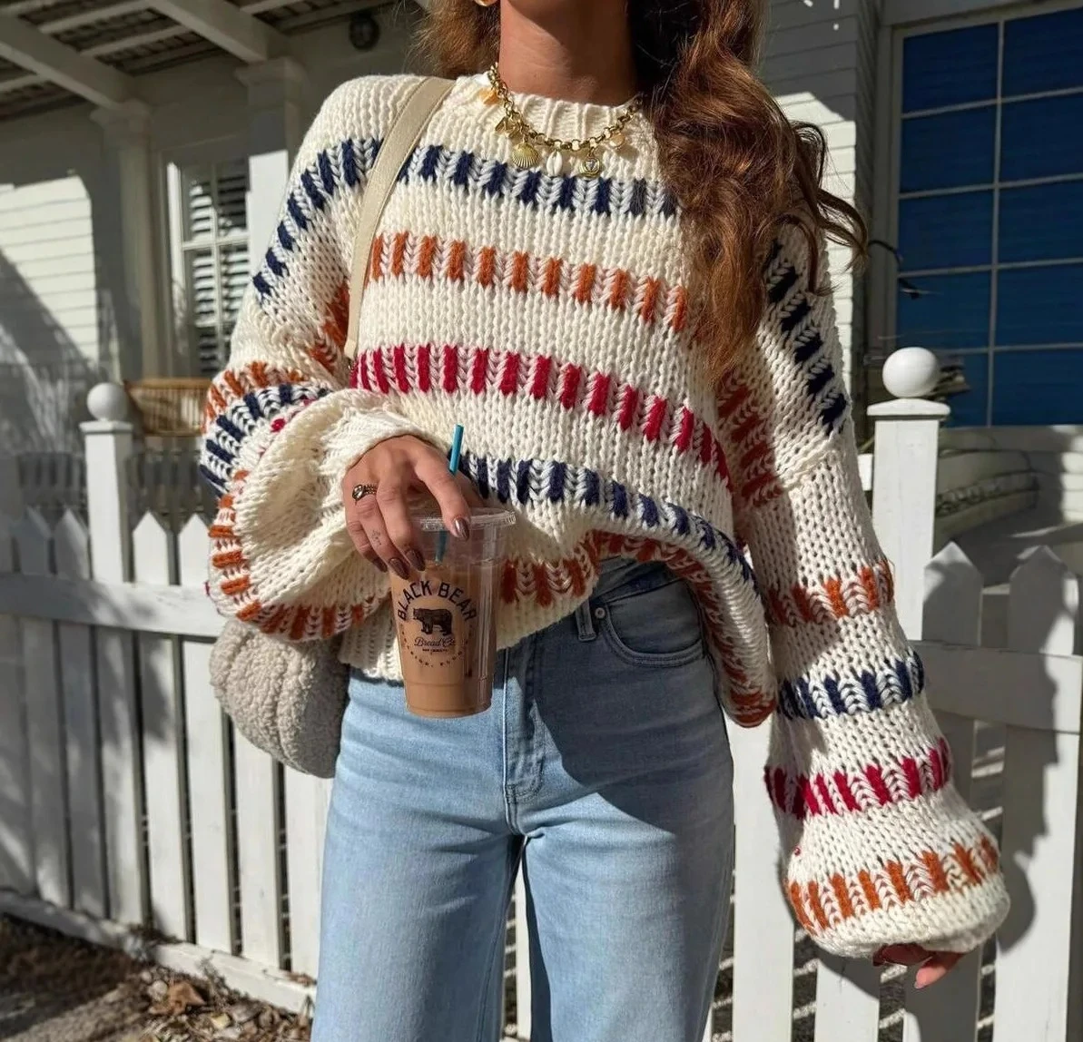 

Свитер с рукавами «летучая мышь», европейский и американский осенне-зимний новый повседневный модный свободный грубый вязаный свитер в стиле ретро с цветными блоками