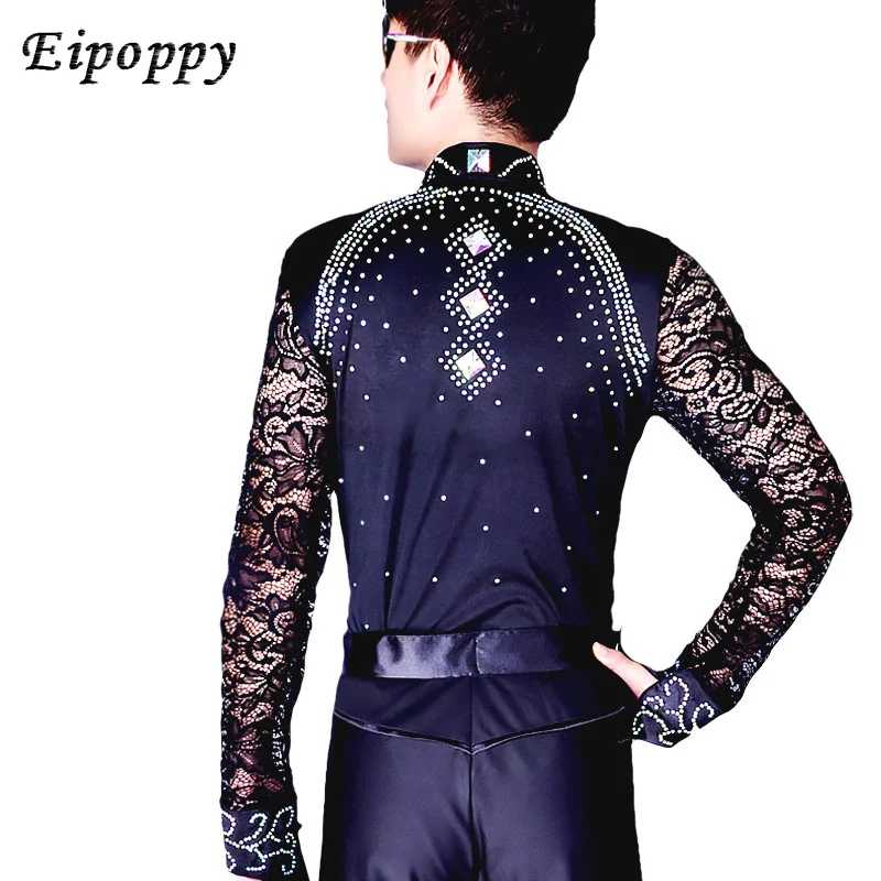 Ballroom Latin Dance Shirts Male Black Long Sleeve Lace V Collar Shirt Men Samba Cha Cha Dancing Tops Performance Wear