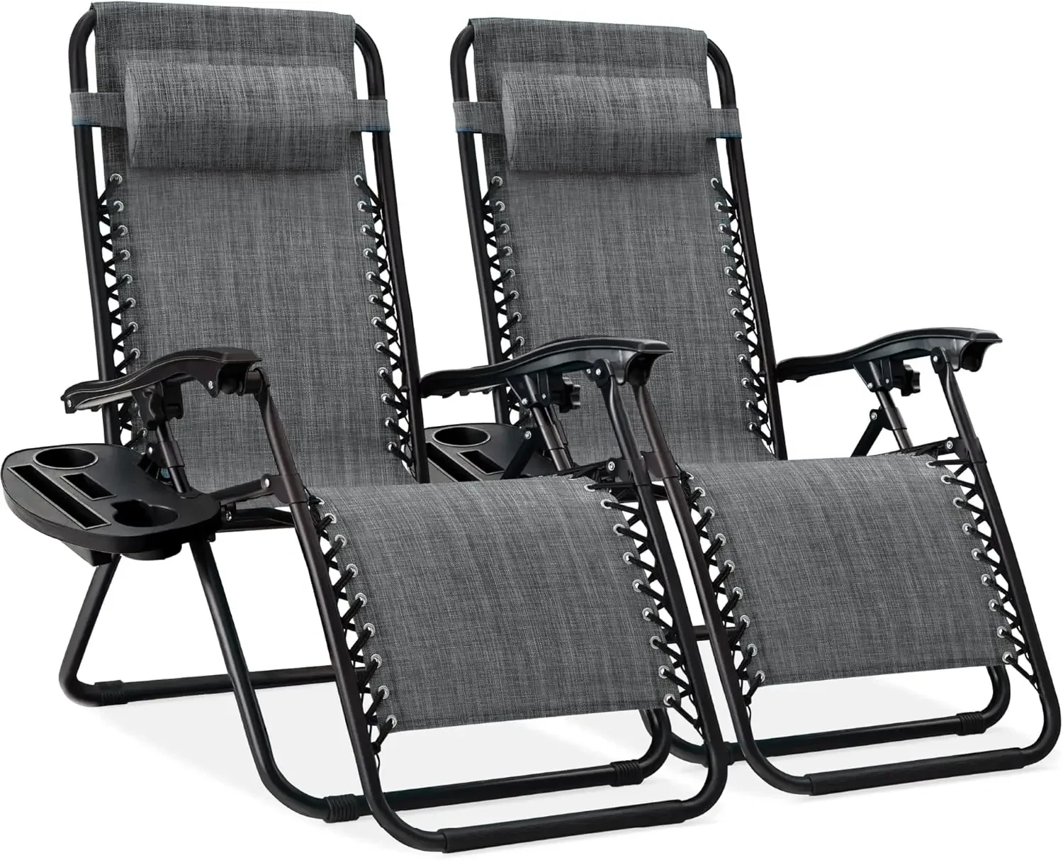 Set of 2 Adjustable Steel Mesh Zero Gravity Lounge Chair Recliners w/Pillows and Cup Holder Trays